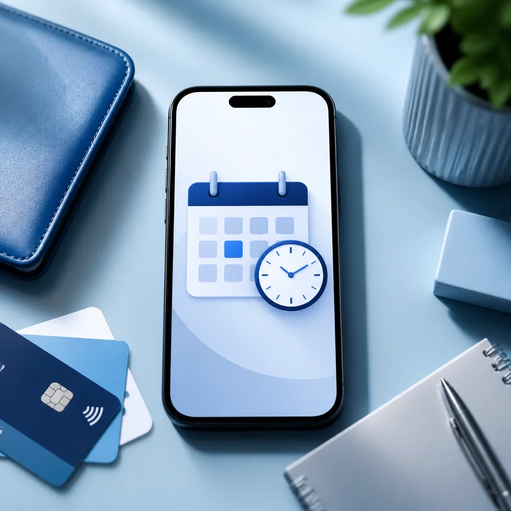 Symbolbild zu wann bucht PayPal ab: Smartphone mit Kalender- und Uhr-Symbolen für Zahlungsfristen