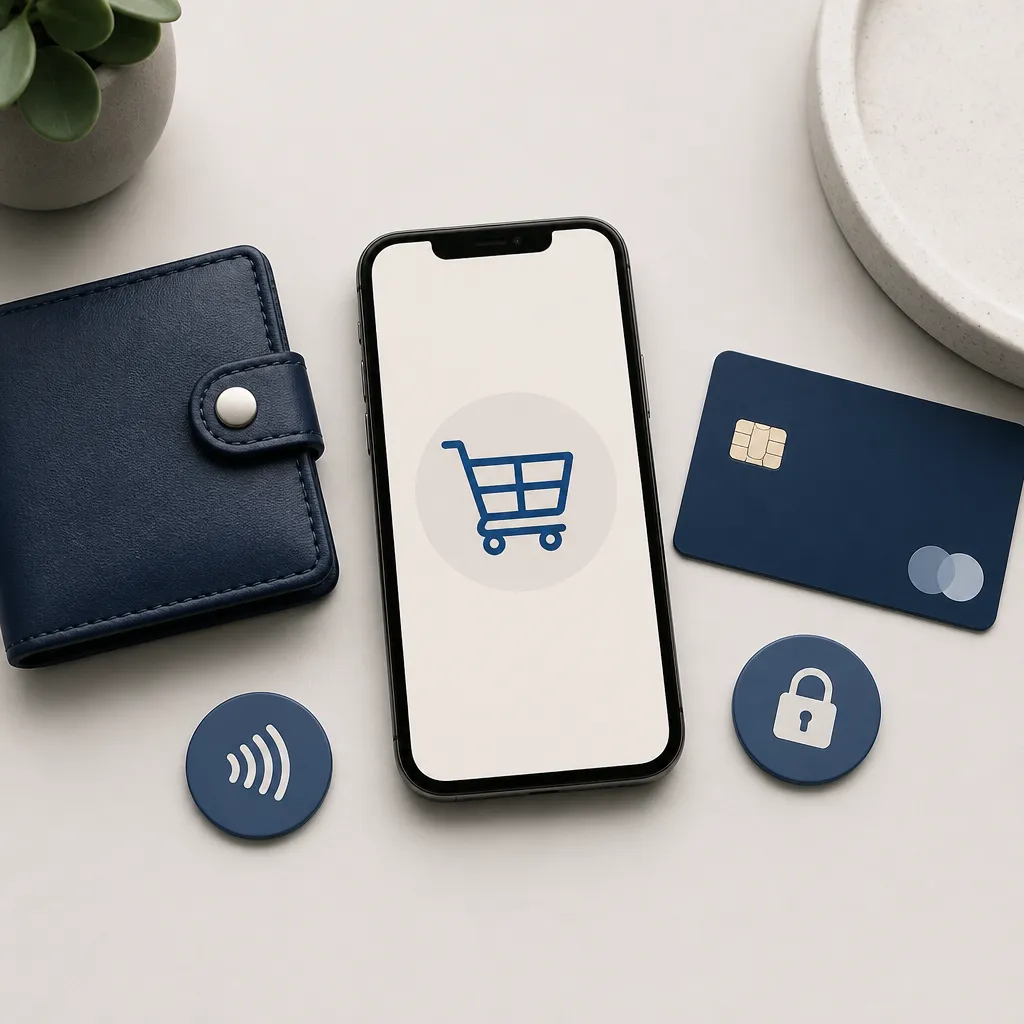 Symbolbild zu Amazon mit PayPal bezahlen: Smartphone mit Warenkorb-Icon und Zahlungssymbolen