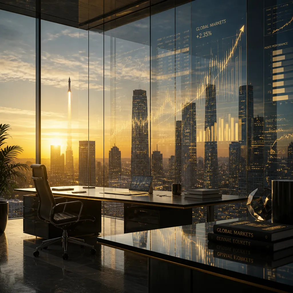 Symbolbild zum Elon Musk Vermögen: moderne Skyline mit Börsendaten und Rakete am Himmel
