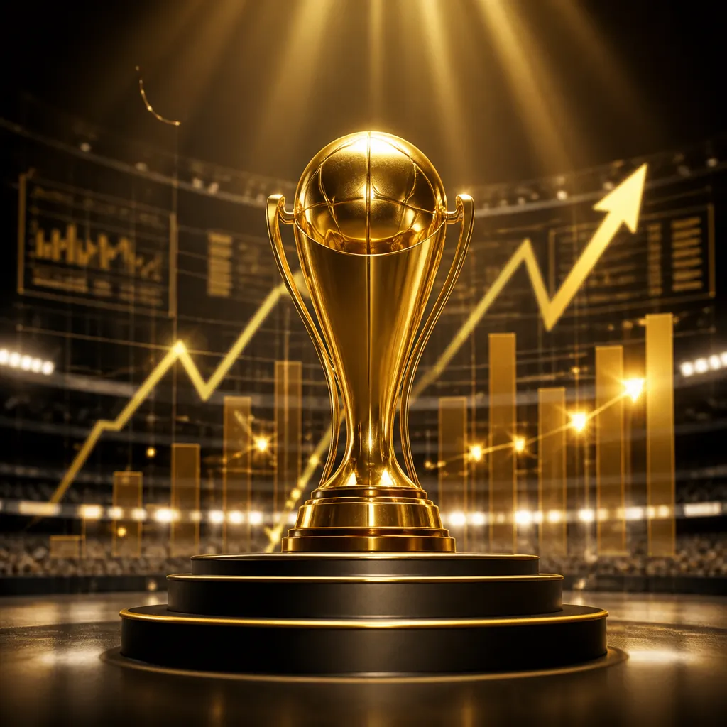 Symbolbild zum Ronaldo Vermögen: goldene Trophäe mit Finanzcharts vor stimmungsvollem Stadionhintergrund