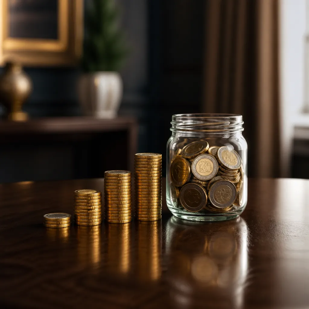 Symbolbild zu Claudia Obert Vermögen: Münzstapel und Sparglas als Zeichen finanzieller Absicherung