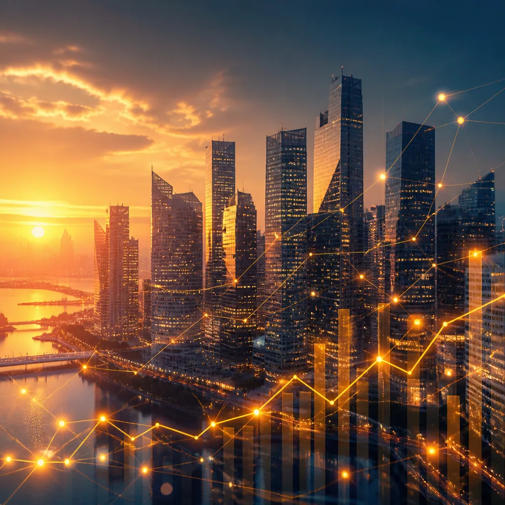 Symbolbild zu Frank Thelen Vermögen: Skyline mit Wachstumsdiagrammen und Investment-Netzwerken