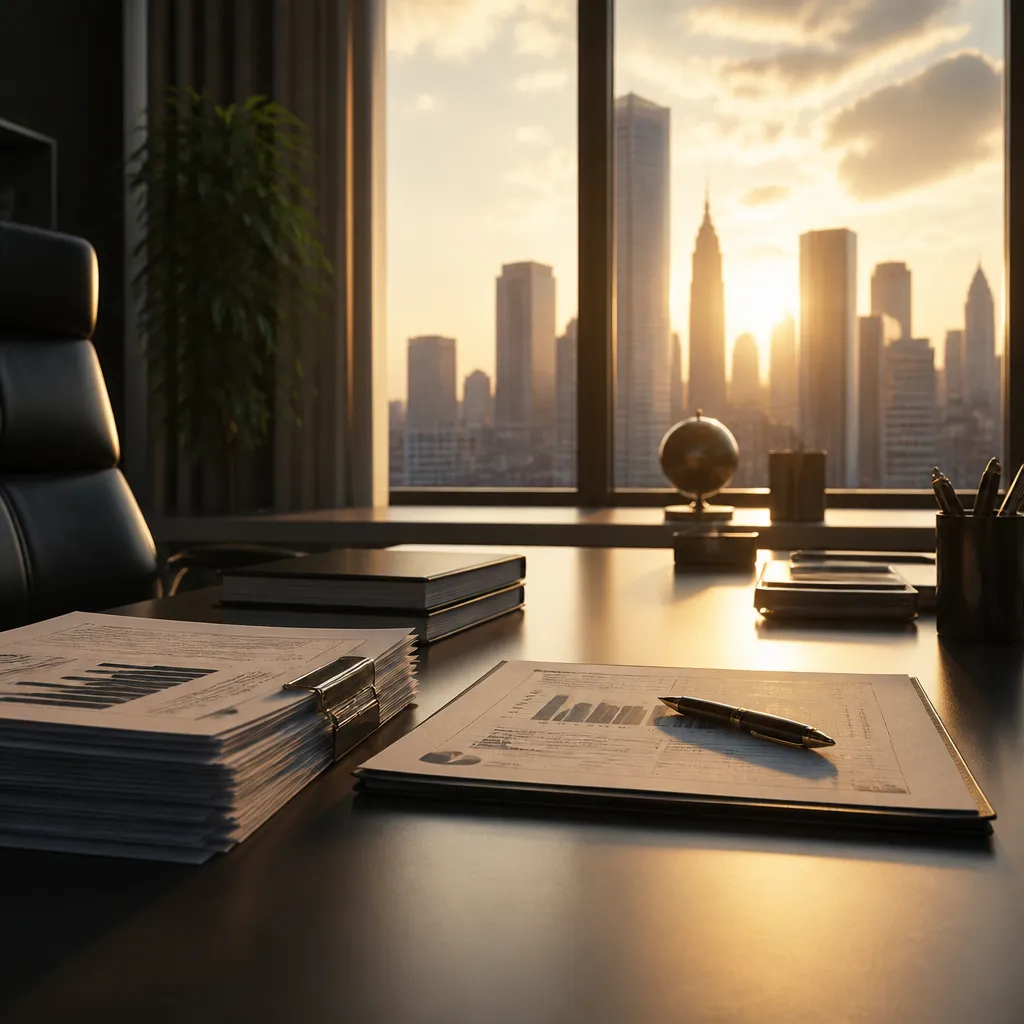 Symbolbild zu Friedrich Merz Vermögen: Finanzdokumente und Skyline als Sinnbild für Wohlstand und Politik