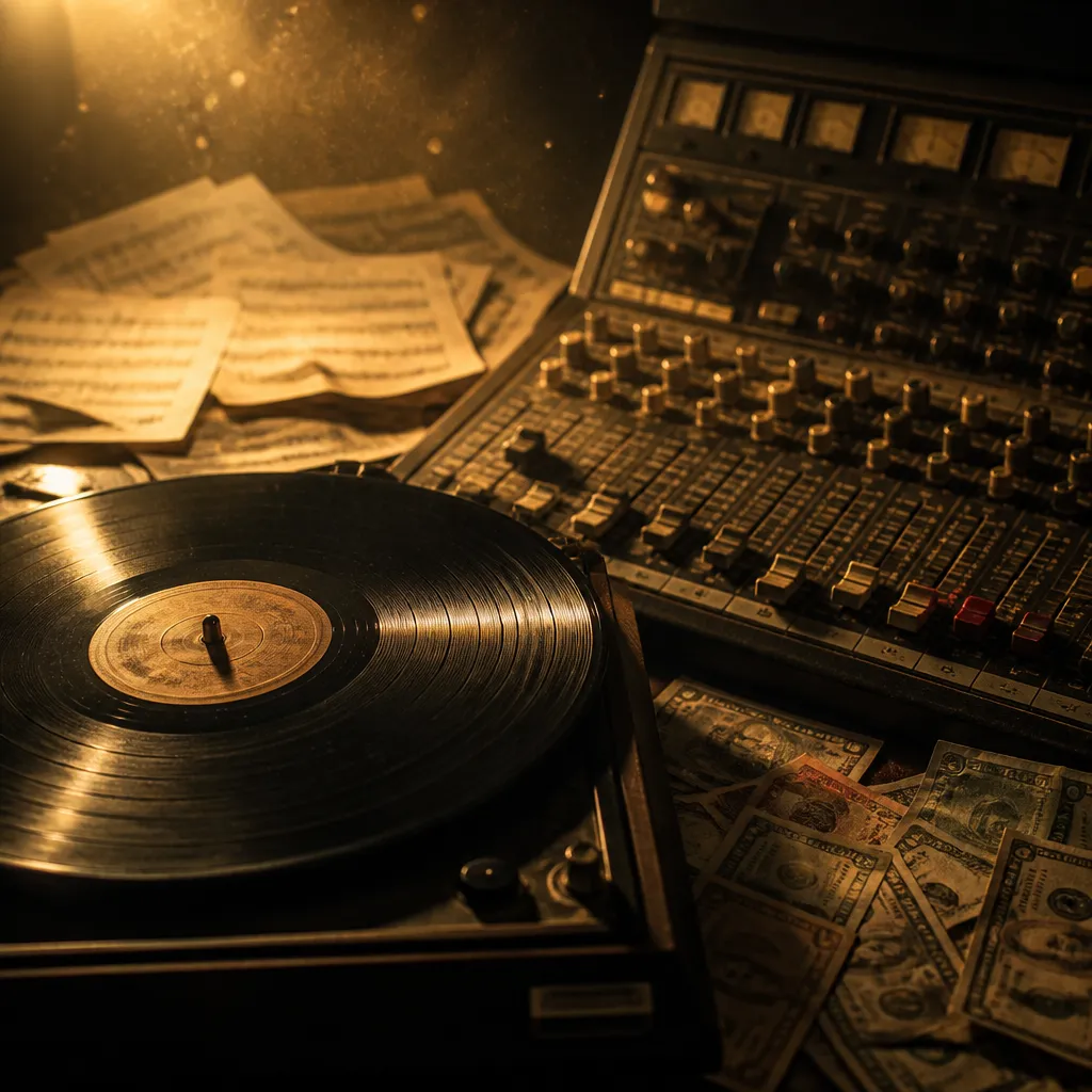 Symbolbild zu Jack White Vermögen: Vintage-Musikstudio mit Schallplatte und goldenem Licht