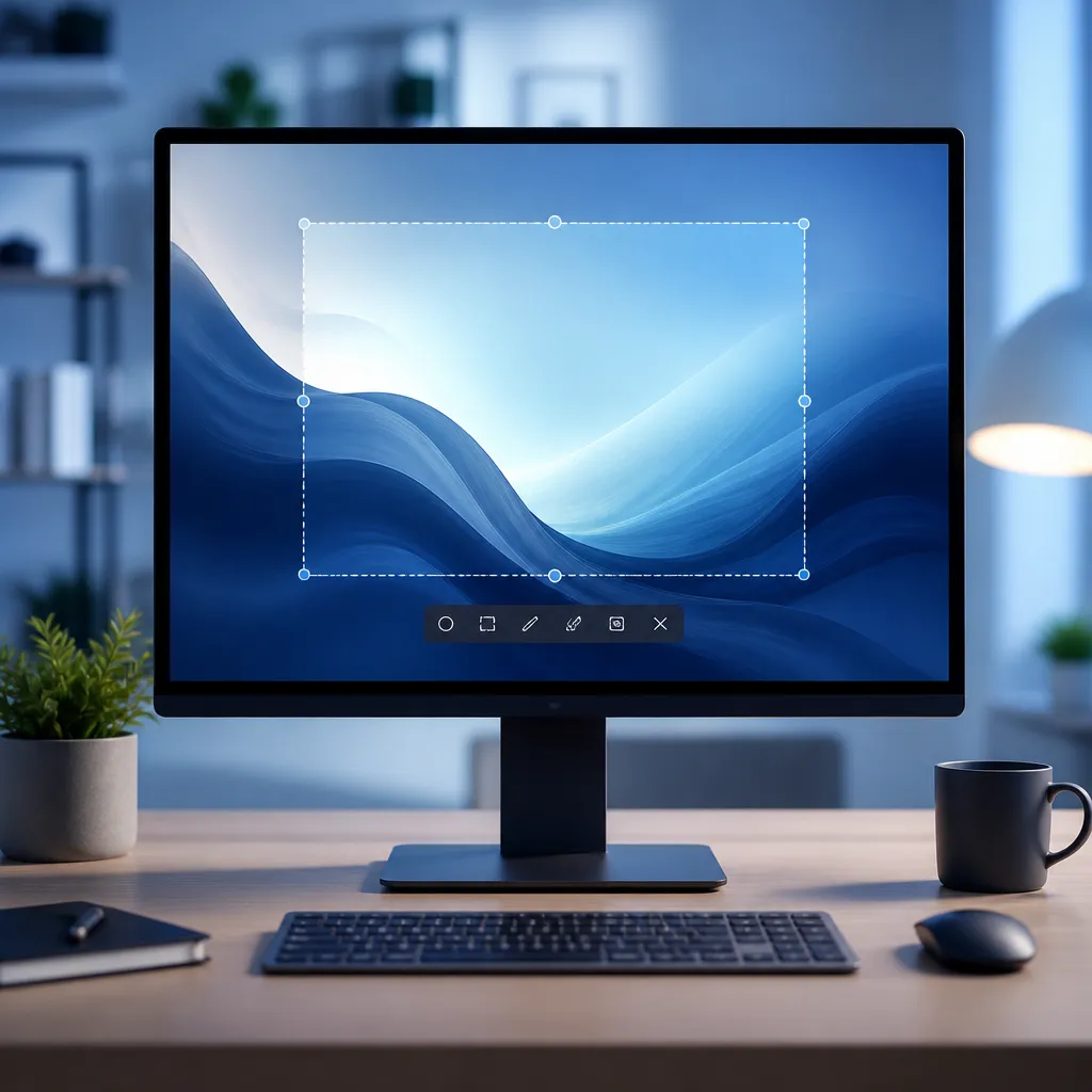 Symbolbild: Screenshot Windows mit Auswahlrahmen auf Computerbildschirm im modernen Büro