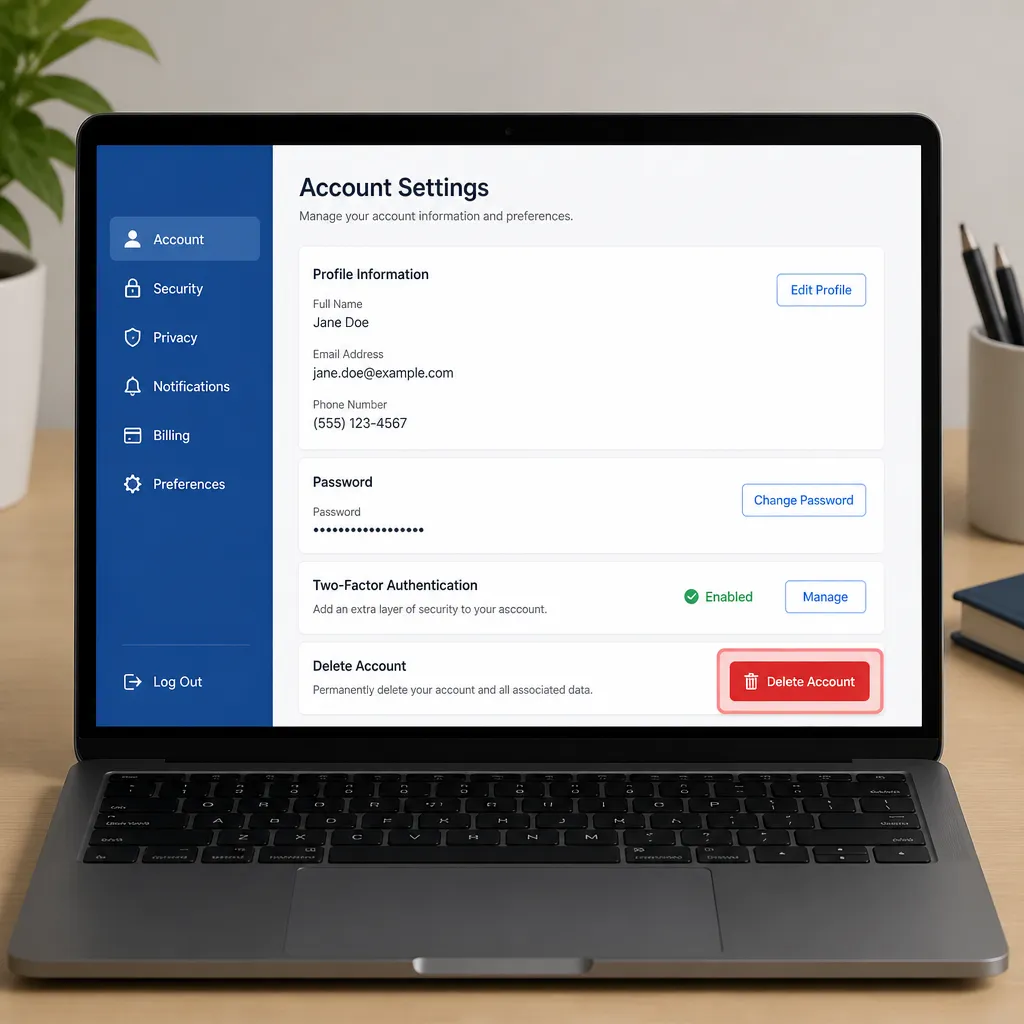 Laptop zeigt Kontoeinstellungen mit hervorgehobener Option zum Löschen des Accounts