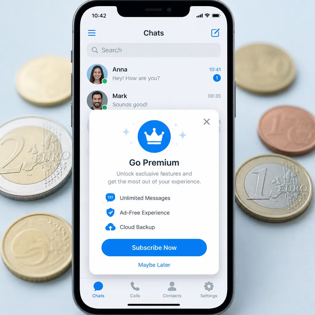 Smartphone zeigt Messenger-App mit Hinweis auf kostenpflichtiges Abo-Modell