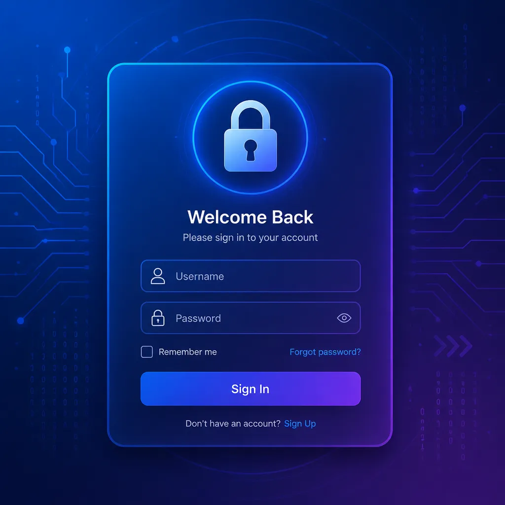 Digitale Illustration eines Benutzerkontos mit Login-Feldern und Sicherheitssymbol