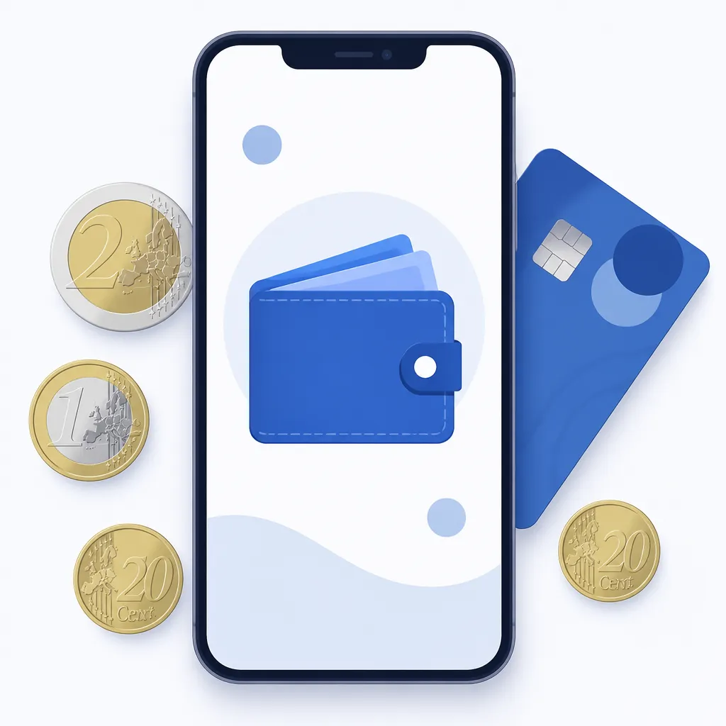 Smartphone mit digitaler Geldboerse, Euromuenzen und Bankkarte symbolisieren das Aufladen eines Online-Kontos