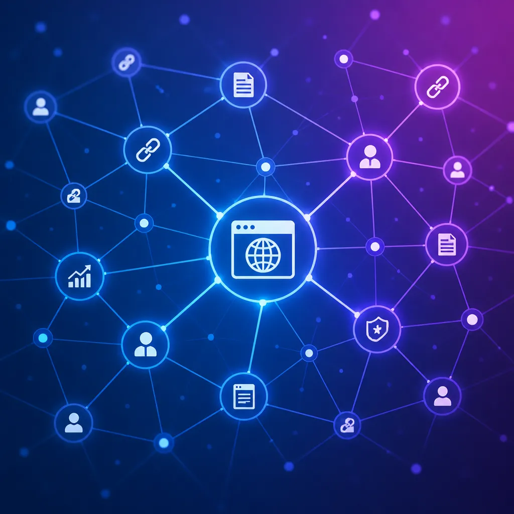 Vernetzte Knotenpunkte symbolisieren den Aufbau von Backlinks im digitalen Marketing