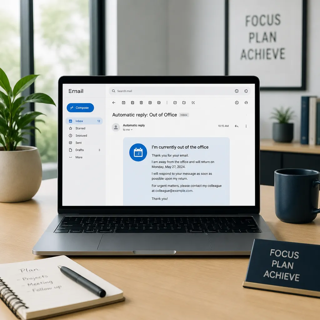Laptop am Schreibtisch zeigt automatische Abwesenheitsnotiz in Outlook